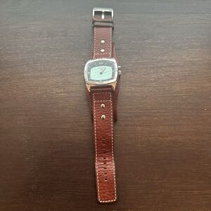 FOSSIL Men Watch BIG TIC AM3695 Leather Band Brown NEEDS BATTERY Silver